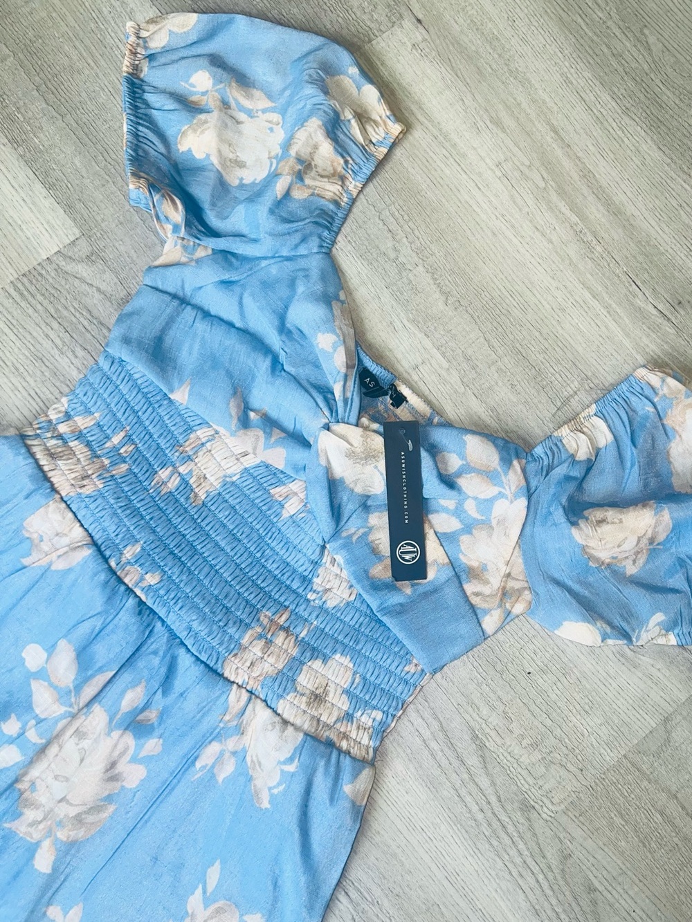 NWT Women's Blue Floral Midi Dress Puff Sleeve Smocked Twist Front A-Line - Picture 4 of 14